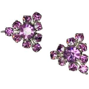 Vintage 1950s Earrings Purple Rhinestone Screw Back Mid Century Jewelry